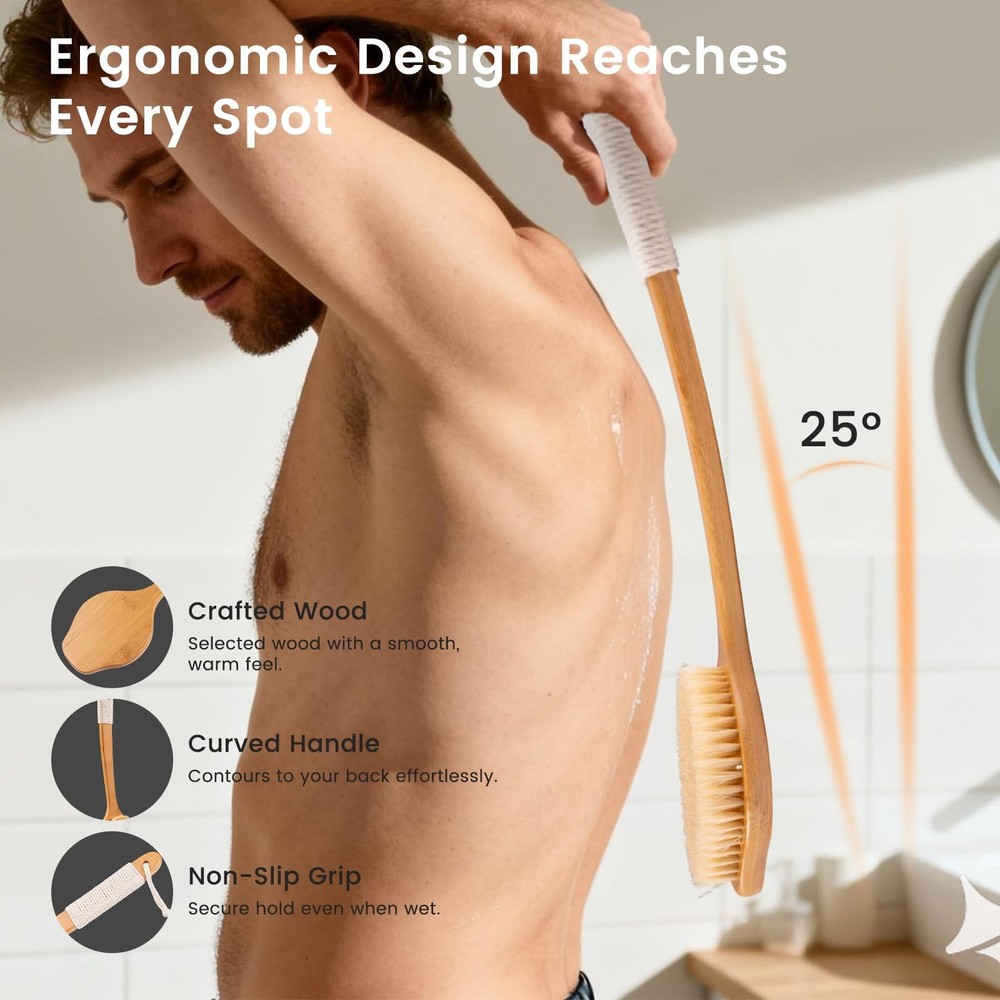Bamboo Back Scrubber for Shower with Curved Long Handle - Stiff