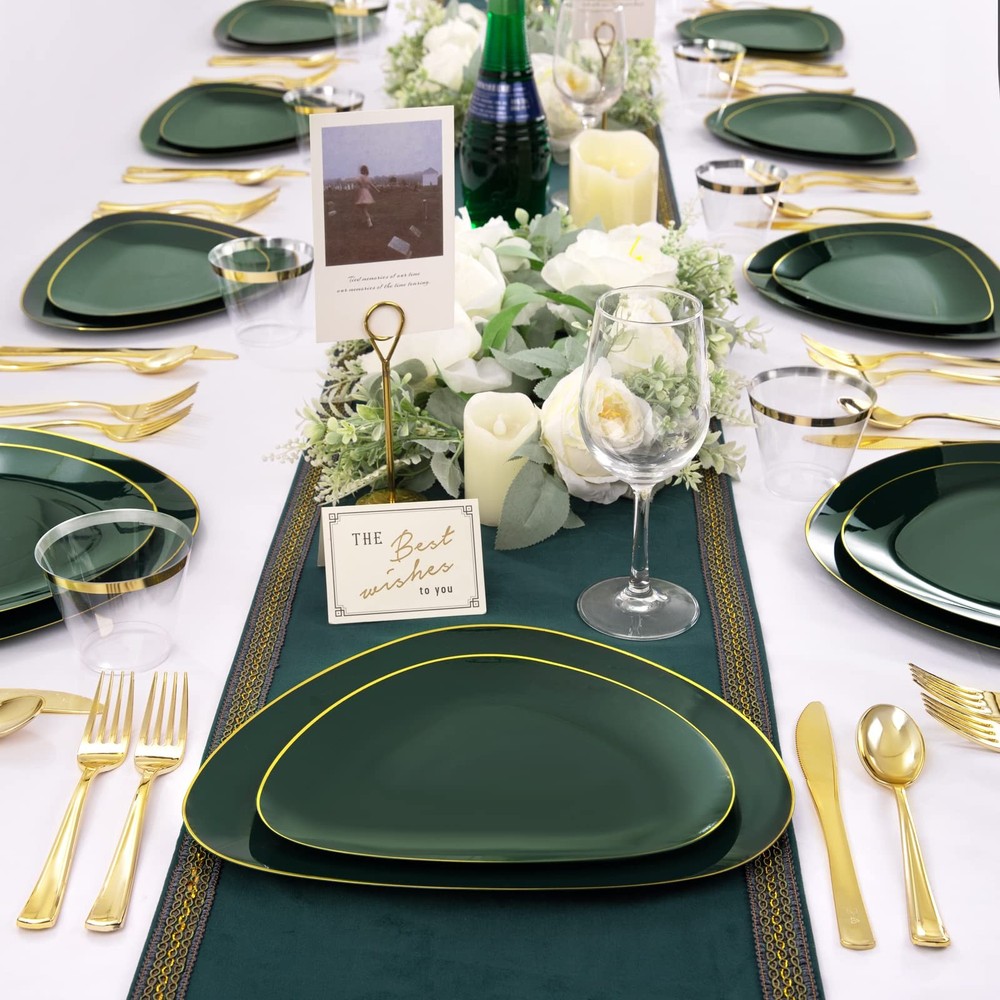 DaYammi 180pc Green Plastic Plates Gold Silverware Dinnerware Set St. Patrick’s