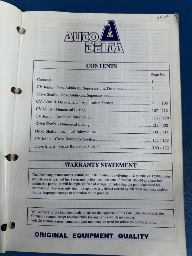 AUTODELTA TRANSMISSION COMPONENTS CATALOGUE 2000 SAME DAY DISPATCH