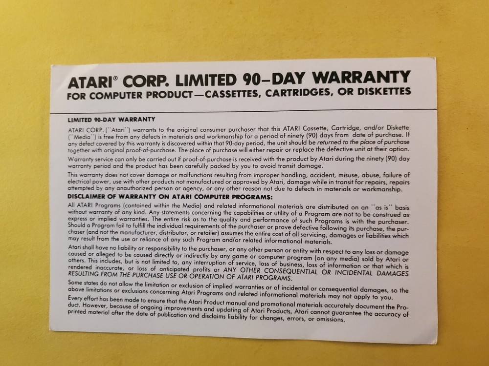 atari 90 day warranty insert