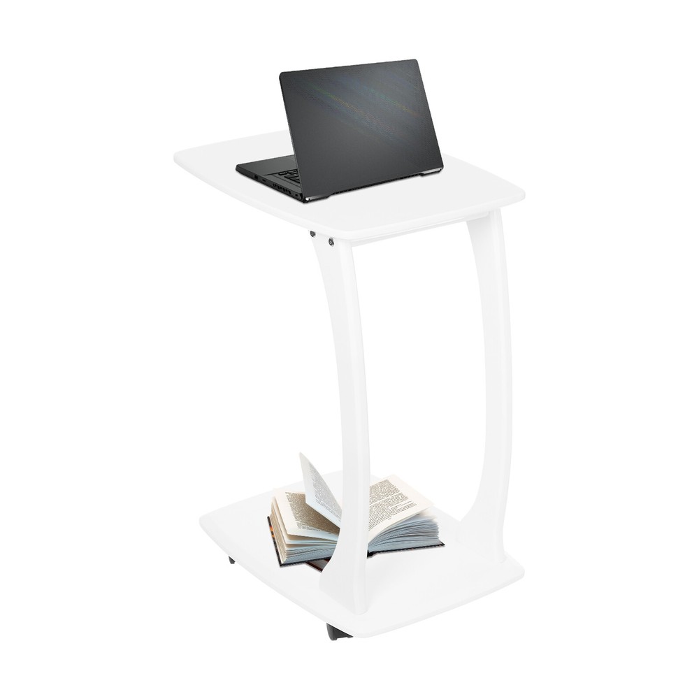 C-Shaped Side Table with Wheels Mobile End Table with Wood Frame Nightstand
