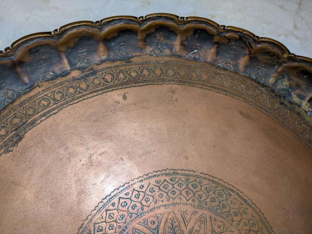 Antique Copper Middle Eastern Etched Serving Tray (13.5")