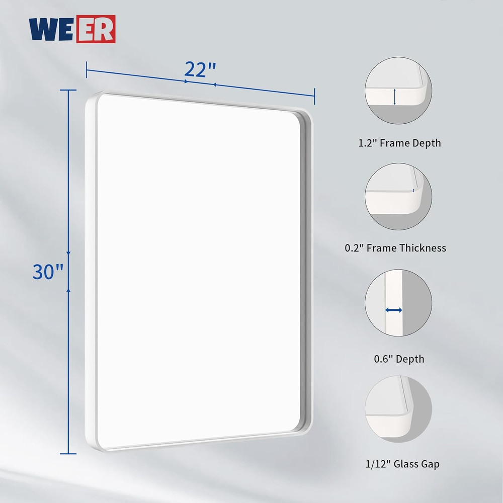Matte White Rectangular Bathroom Mirror 22x30 Inch, Anti-Rust Frame