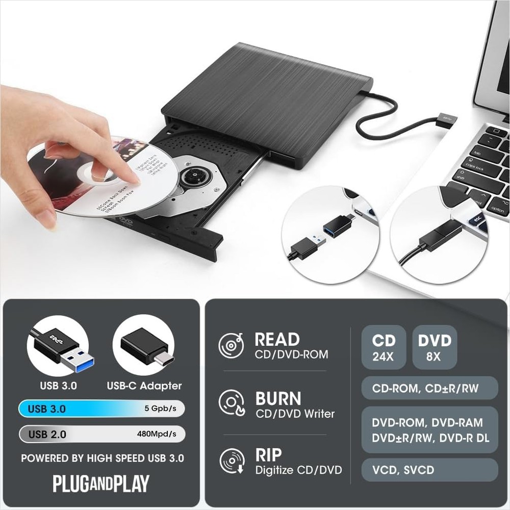 ROOFULL External DVD CD Drive USB C 3.0 Laptop Mac Windows Burner