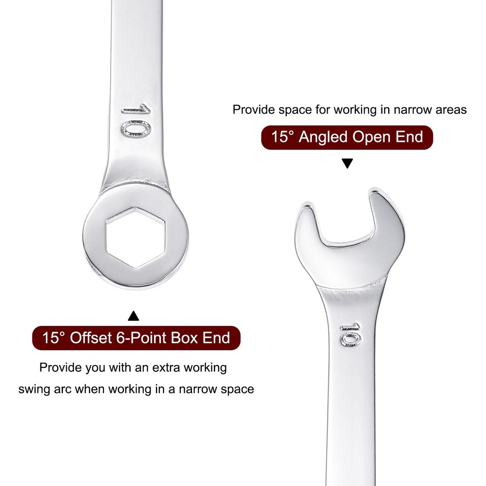 Thin Combination Wrench with Offset 6-Point End and Angled Open End 10mm