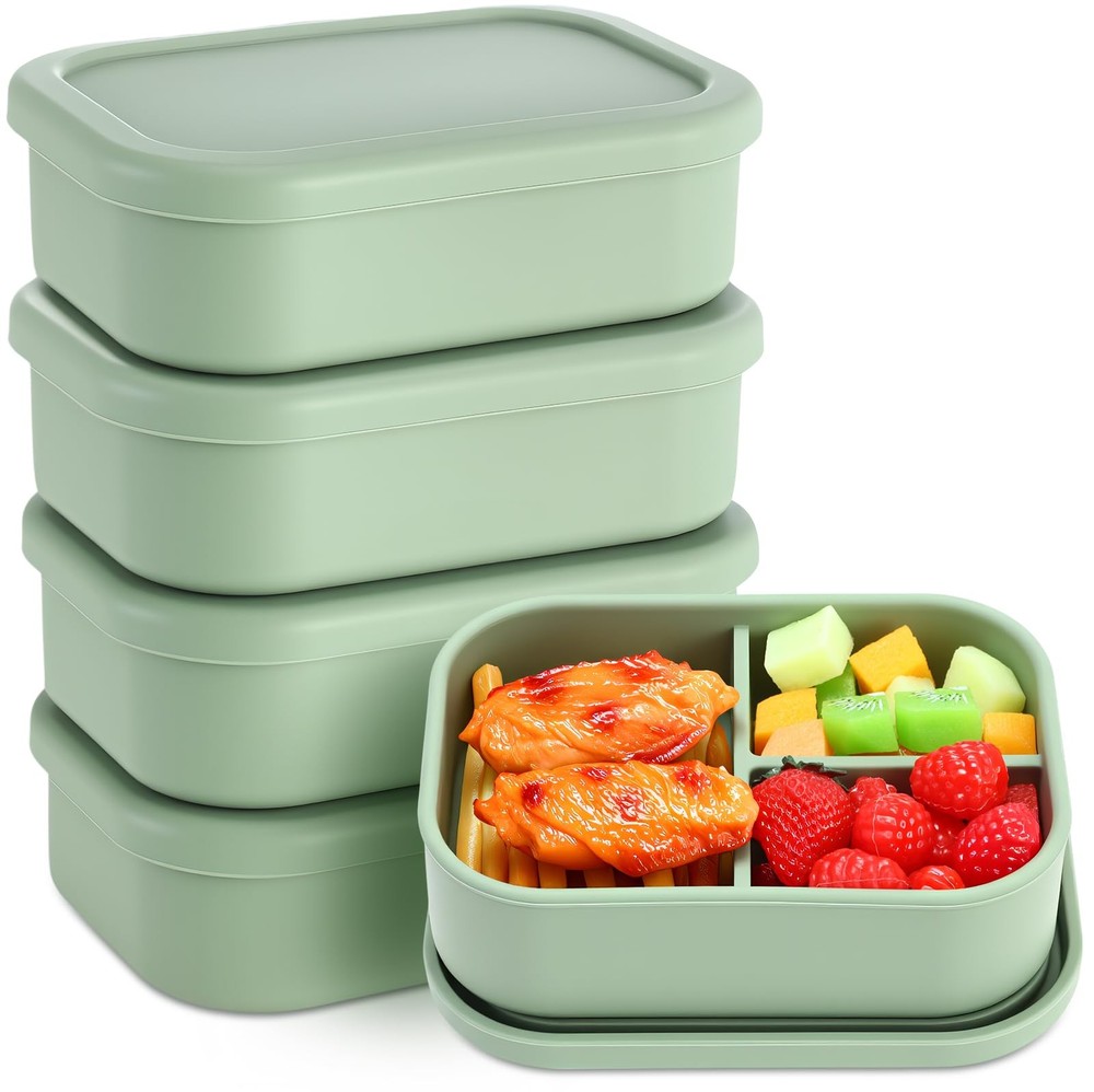 Honeydak 4 Pcs Silicone Bento Box Reusable Lunch Container 3 Compartment Microwa