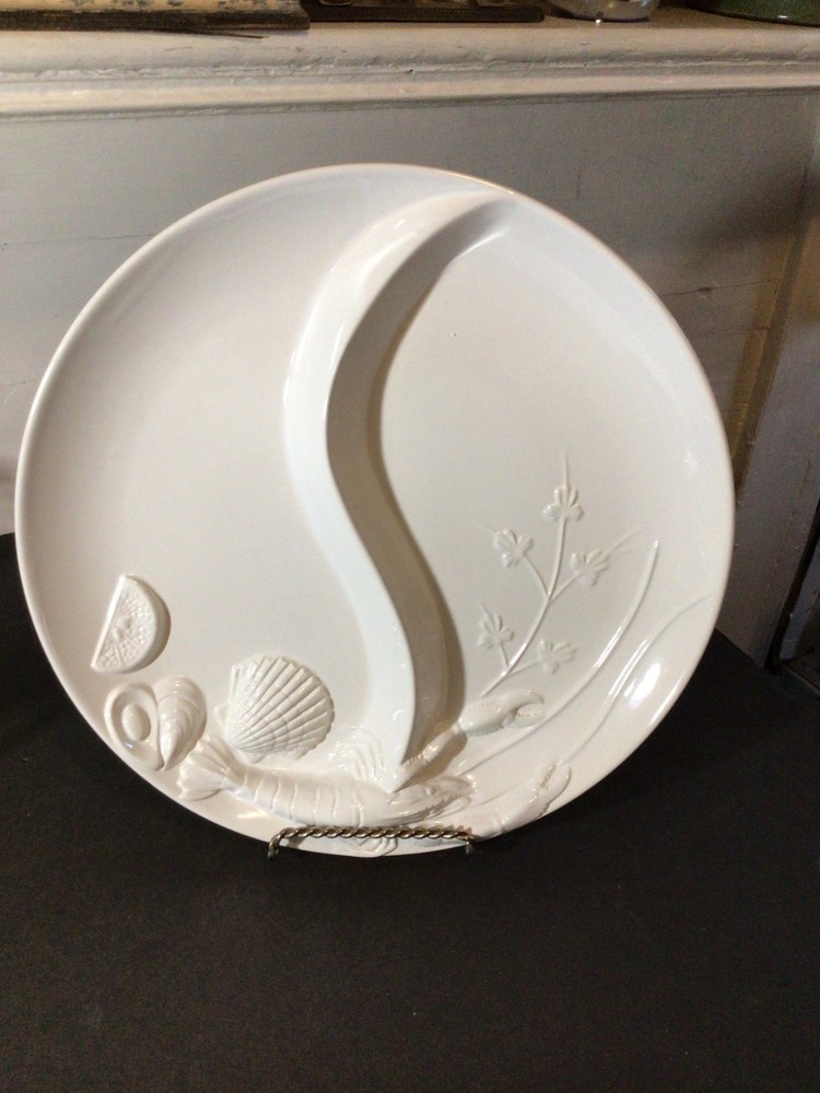 Elements White Ceramic Divided Platter with Seafood Motif