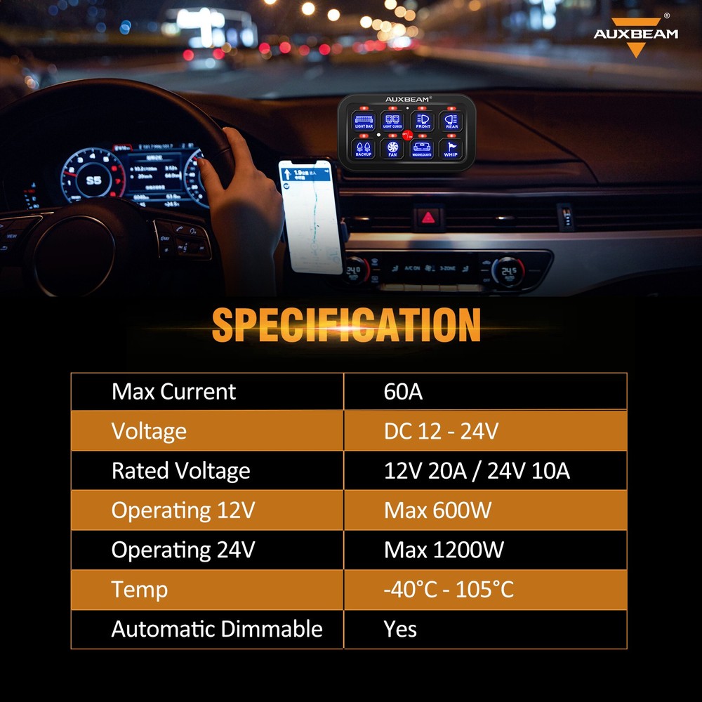 AUXBEAM Blue BB80 8 Gang on-off Switch Panel Automatic Dimmable System For Ford