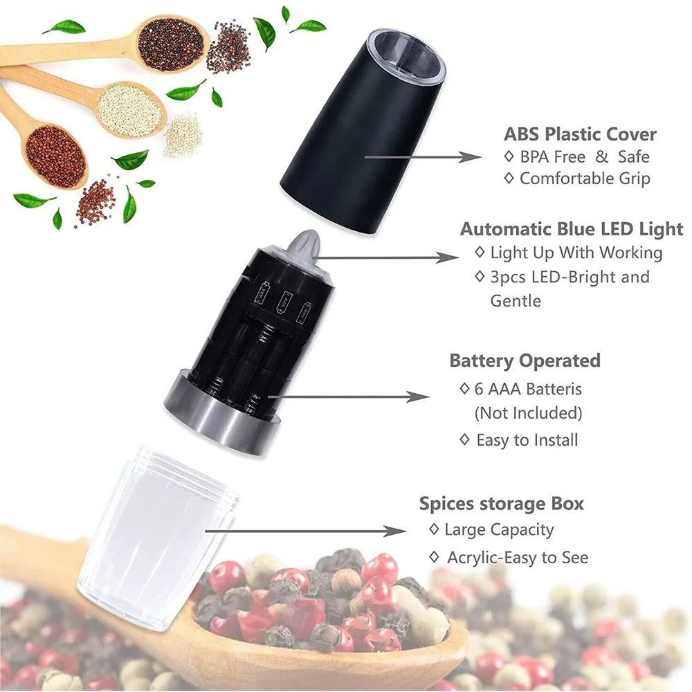 2 Pack Gravity Electric Salt and Pepper Grinder Mill Shaker Adjustable Automatic