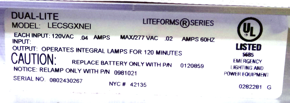 1 USED DUAL-LITE LITEFORMS LECSGXNEI EXIT SIGN ***MAKE OFFER***