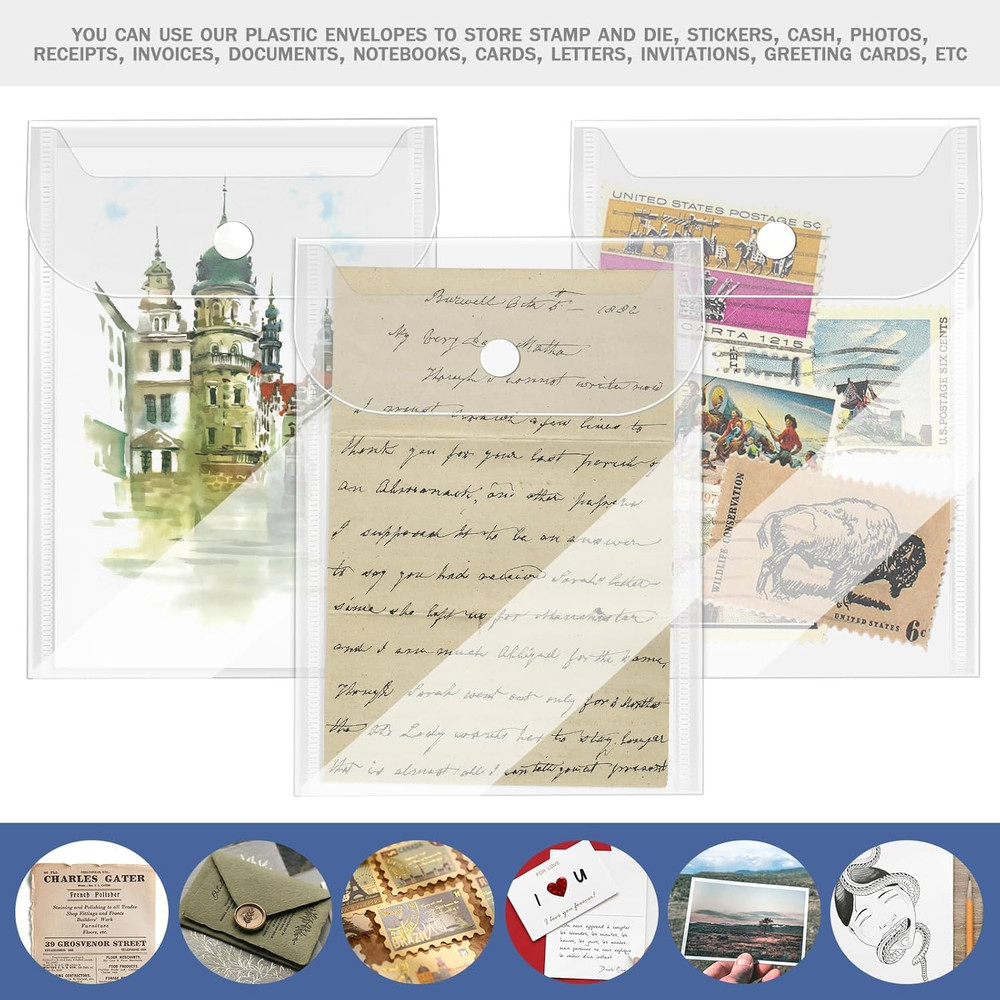 20 Pcs Small Plastic Envelopes with Snap Closure, Reusable Stamp and Die Storage