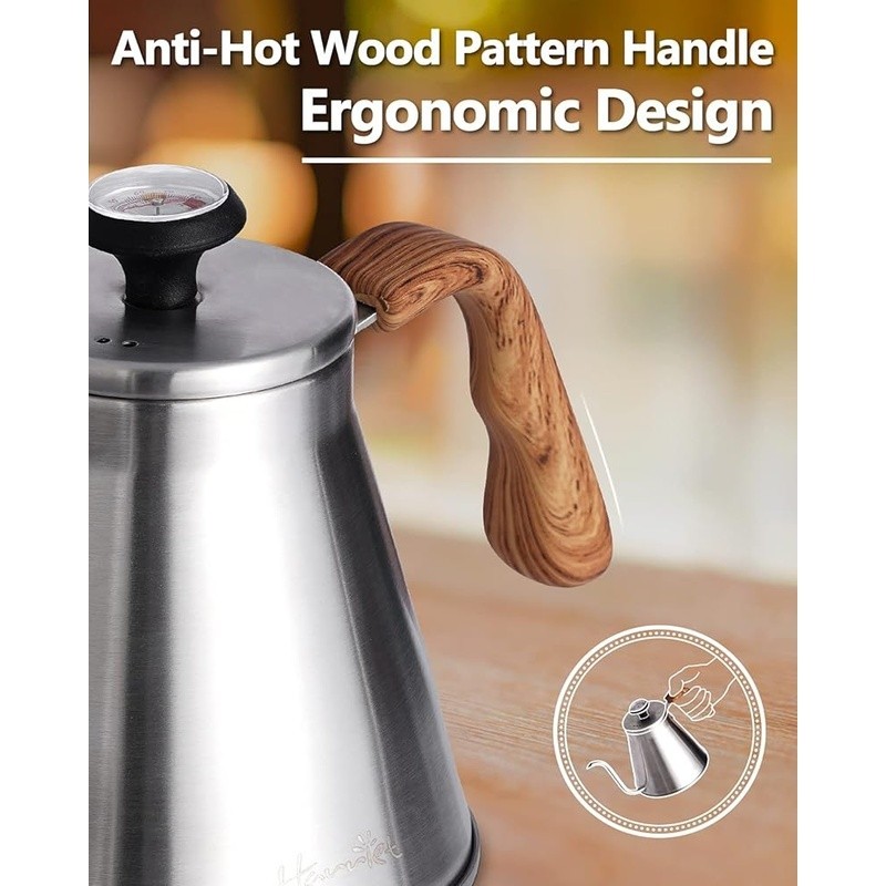 Gooseneck Kettle W/ Thermometer Ergonomic Handle Stainless Steel Induction Safe