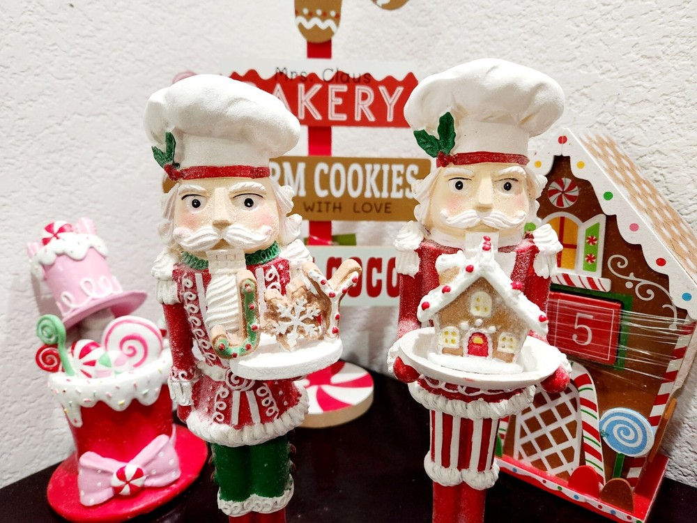 2 Christmas Gignerbread JOY Nutcrackers Red Figurines Statue 10.75"