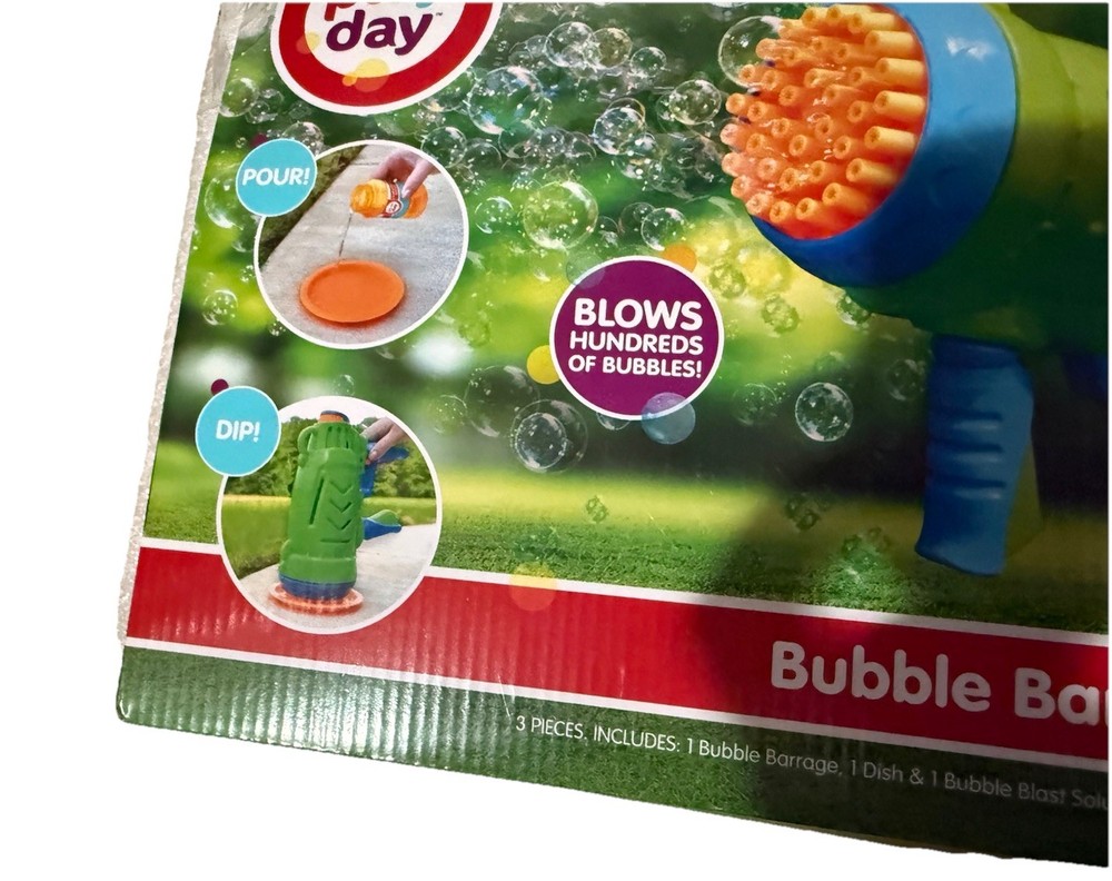 Play Day Bubble Barrage Blaster 3 Pieces Includes 4oz Solution & Drip Tray
