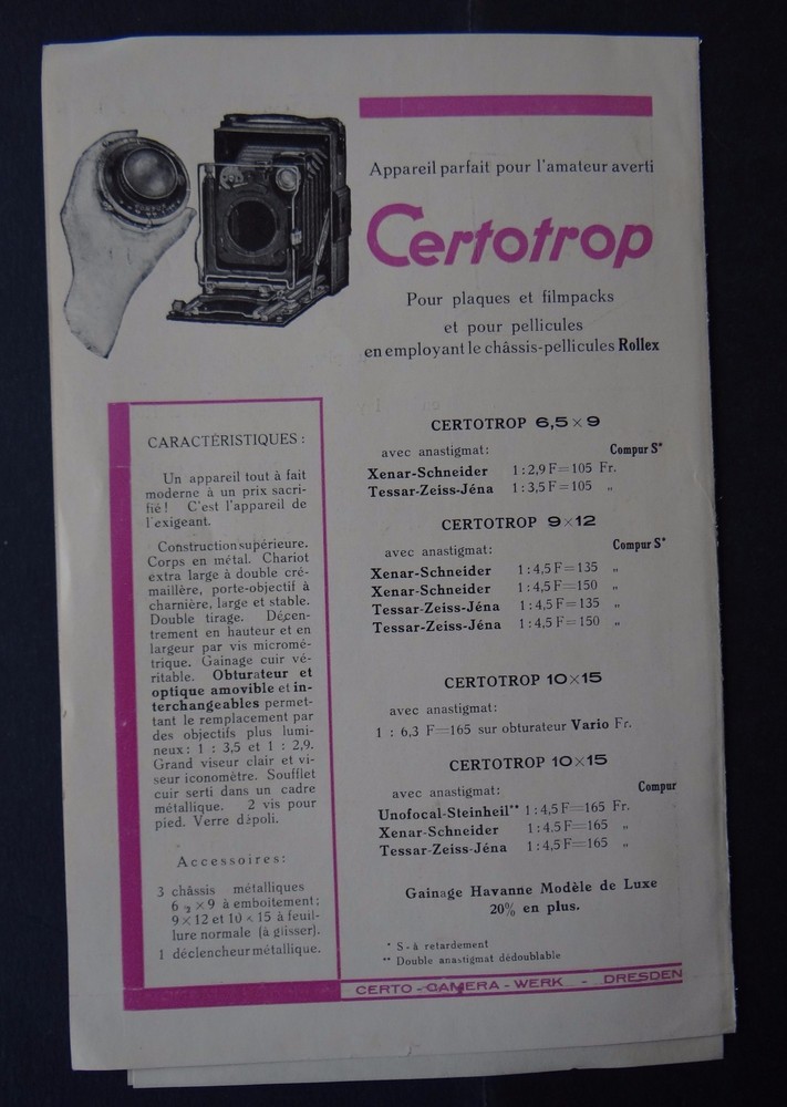 Advertising catalog CERTOTROP camera CERTIX 1933 catalog catalog