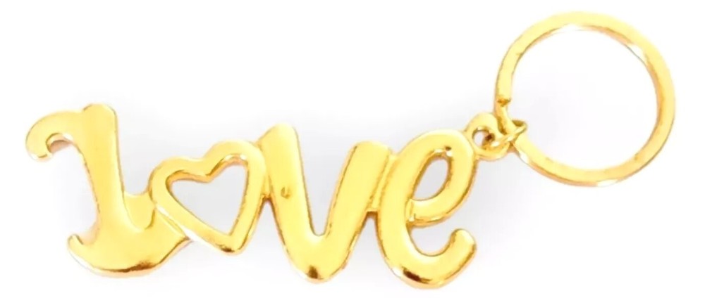 Love Heart Keychain Goldtone Metal Cursive Script Loving Lover Keyring Flaw