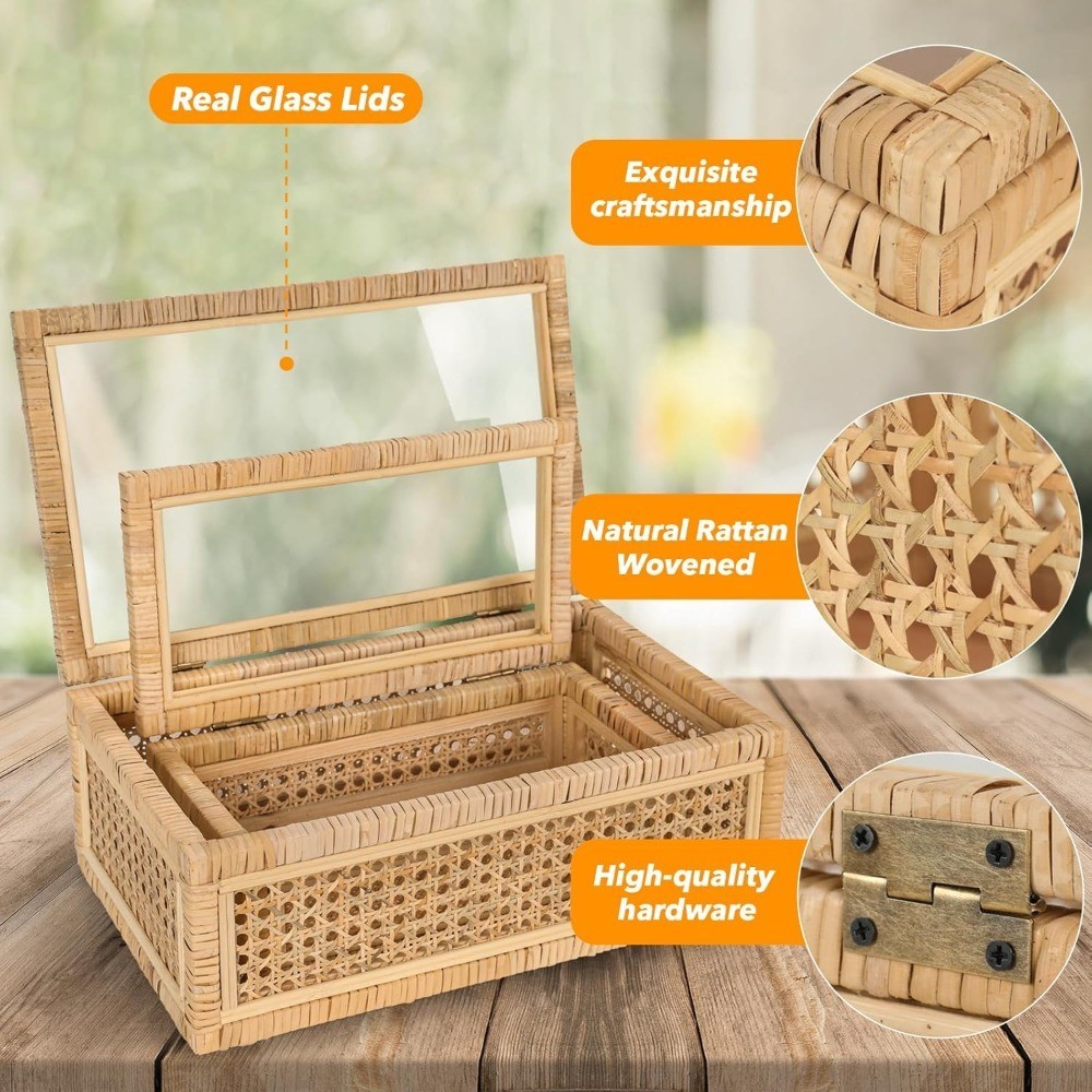 Large Handwoven Rattan Display Box Set with Glass Lids Rectangular Boho