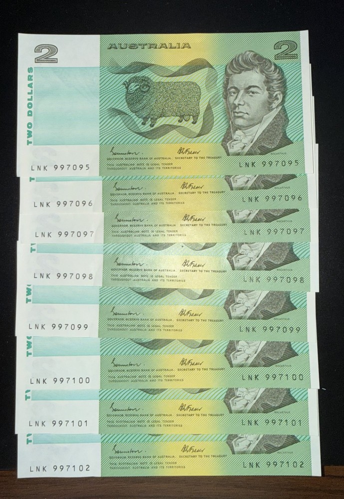 8 Consecutive Australian $2 Paper Notes 1985 Johnston Fraser UNC Prefix LNK