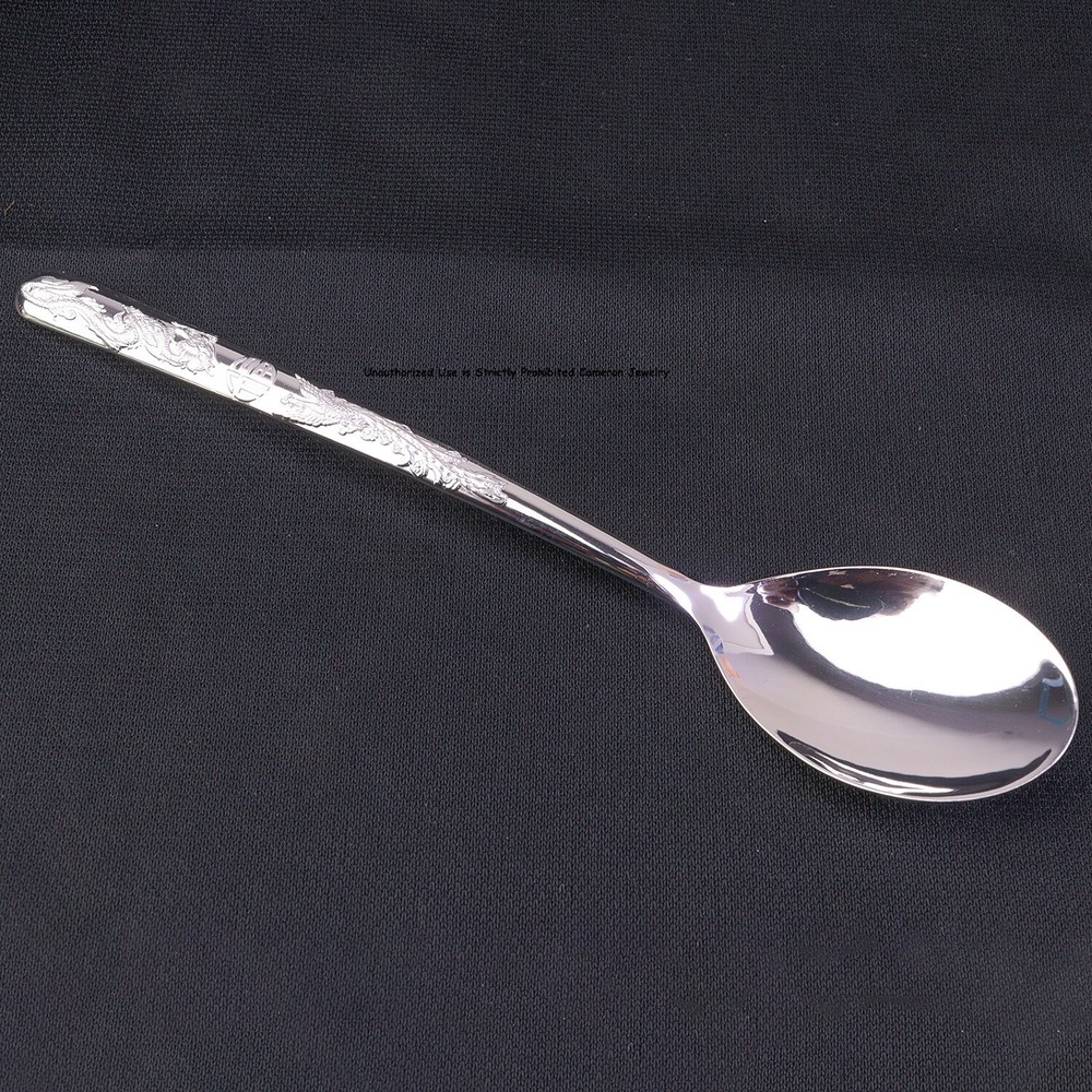 Solid S999 Fine Silver Healthy Tableware Dragon Phoenix Soup Spoon 5.7inch L