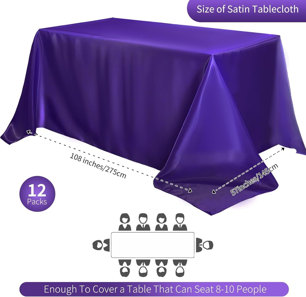 12 Pack Satin Tablecloth Wedding Rectangle Bright 57"x108", Purple