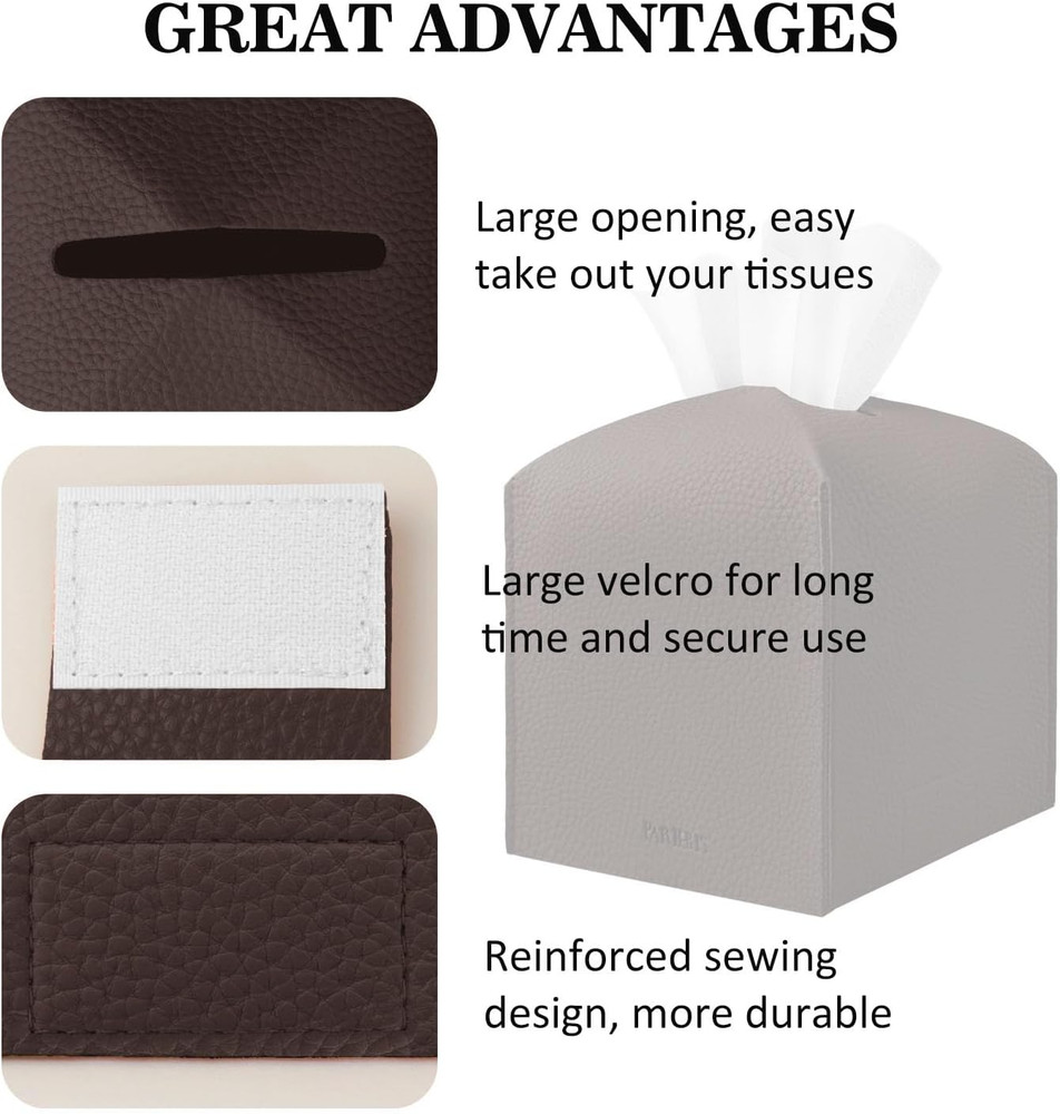 Tissue Box Cover Holder Square Tissue Cube Cover PU Leather Tissue Organizer wit
