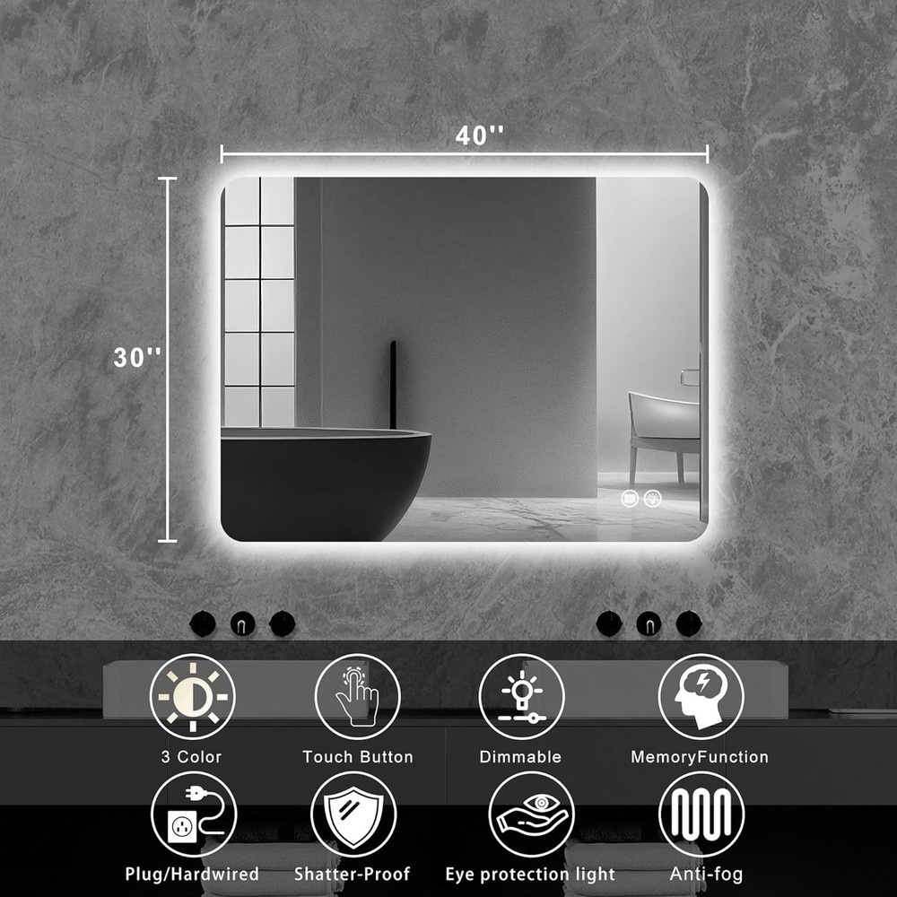 LED Anti-Fog Bathroom Mirror w/3 Color Temperatures, Memory Function & Backlight