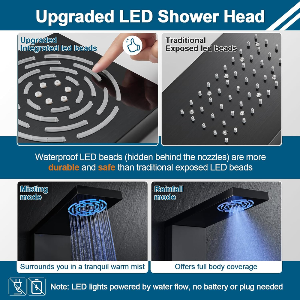Led Shower Panel Tower System with Mist Rainfall Shower, Body Jets, Handheld and