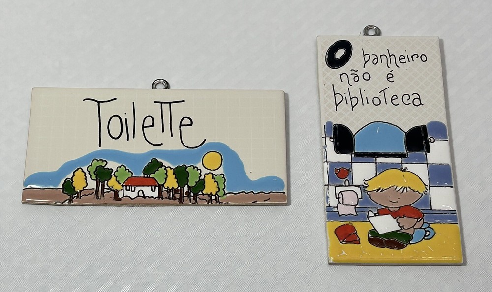 2 Hand Painted Bathroom Tile Plaques