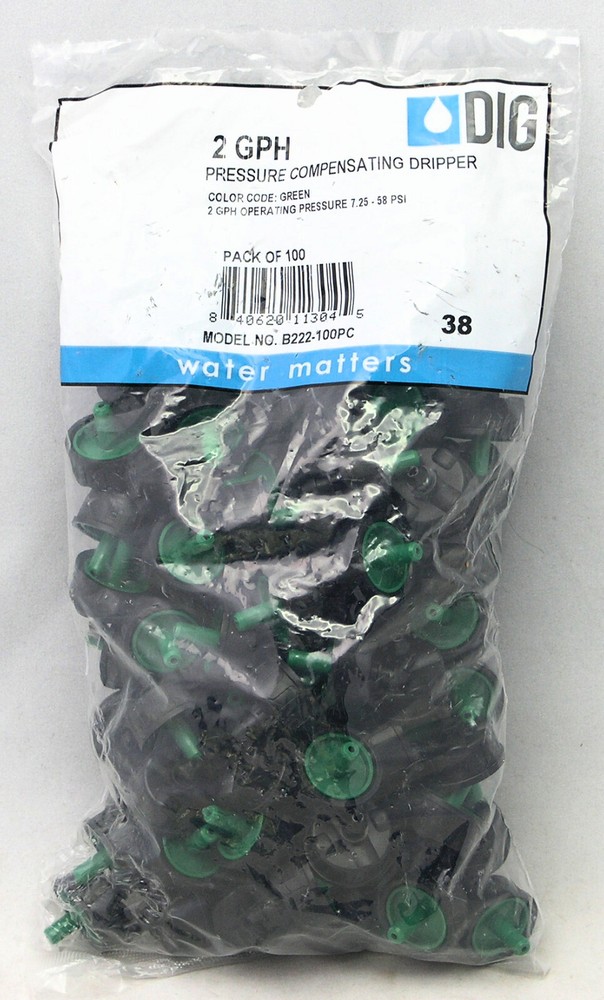100 Pack DIG Pressure Compensating Dripper GREEN 2 GPH  7.5 - 58 PSI B222-100PC