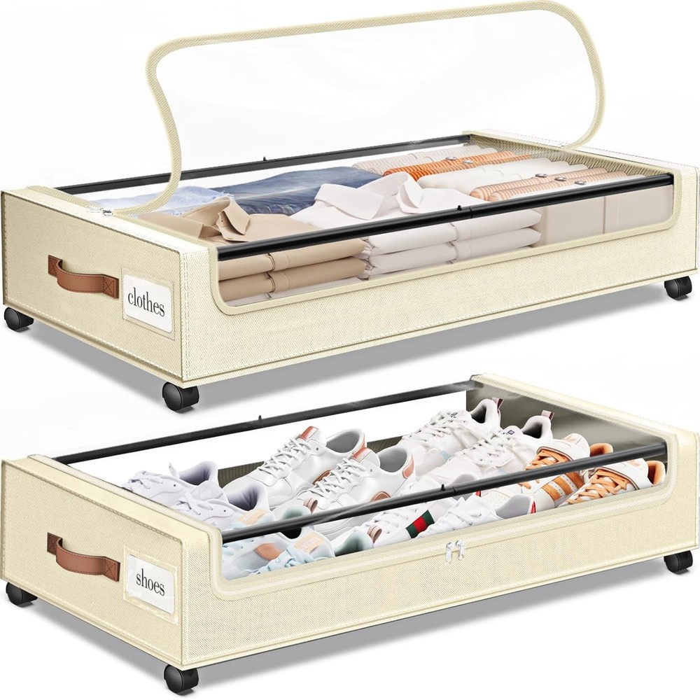 Under Bed Storage W/ Wheels 2Pack Storage Containers W/ Clear Window&Label Under
