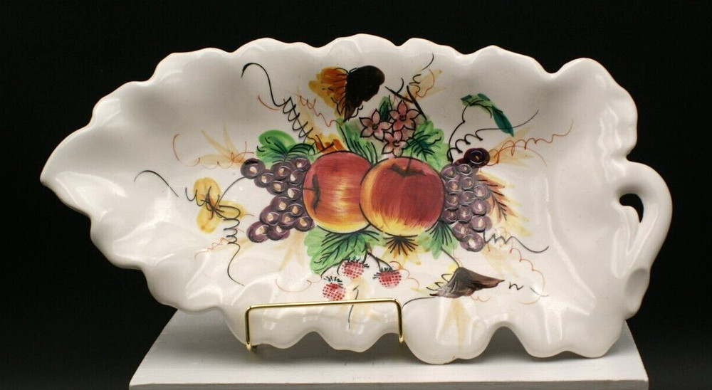Vintage Ceramic Leaf Serving Platter Dish Fall Summer Harvist Apples Grapes