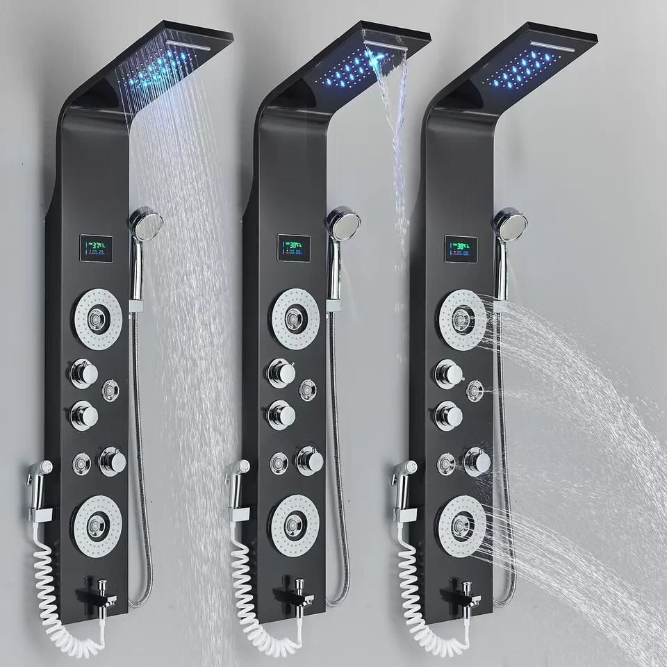 Stainless Steel Shower Panel Tower System LED Rainfall&Waterfall Massage Body