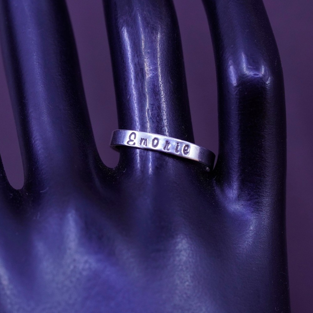 Size 7.75, Sterling silver handmade ring, 925 name “emorie” band, stackable