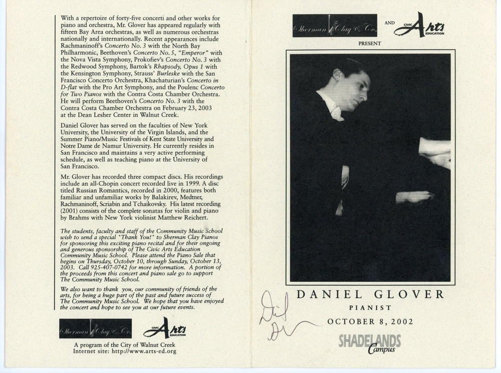 Daniel Glover [Pianist] 2002 Concert Program Autographed (Auto / NO COA) Piano