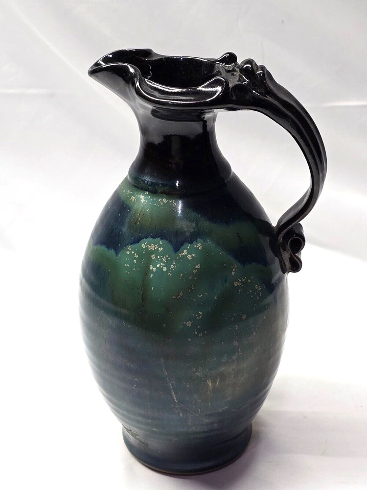 Teal Swirl Mottled Pottery Pitcher Jug 10" Unknown Maker