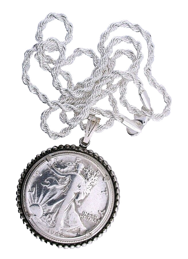 1942 Walking Liberty Silver Half Dollar Pendant 20 Inch Silverplated Rope Chain