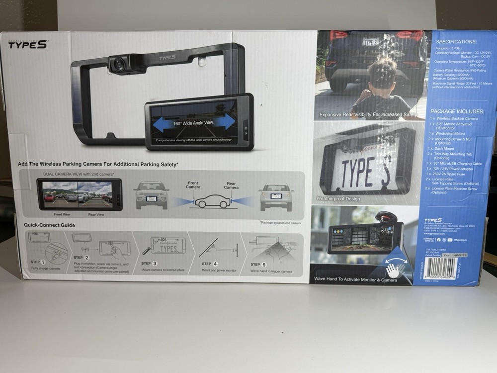 Type S Solar-Powered Wireless Backup Camera Adjustable Lens 6.8" Touch Screen