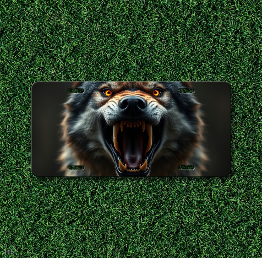 Aggressive Wolf License Plate Snarling Design Customizable Front Plate Anniversa