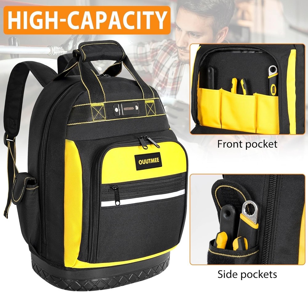 17" Tool Backpack with Multi Pockets Water Resistant Hard Bottom Bag