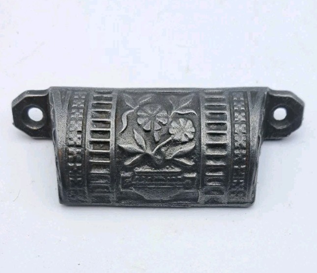 Antique Bin Pull of Flowers Drawer Pull Old Vintage Cast Iron Handle Hardware