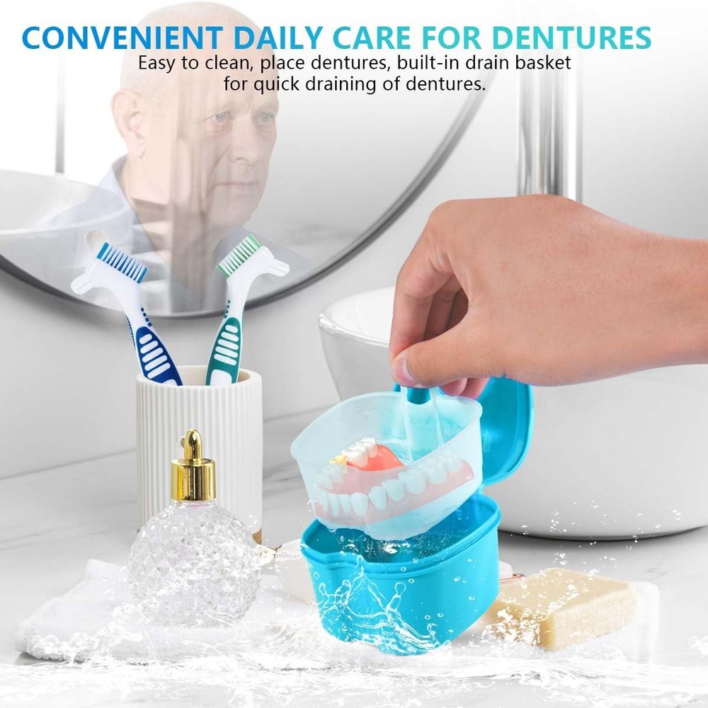 KISEER 2 Pack Denture Bath Case Cup Box 4 Piece Set, Light Blue and