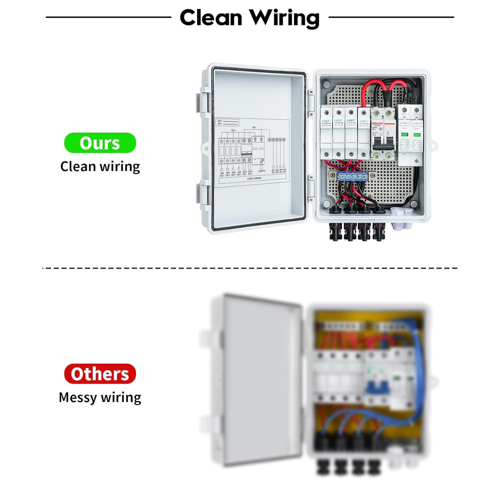 Solar Combiner Box, 4-String PV Combiner Box with 10A Circuit Breakers & Lightn