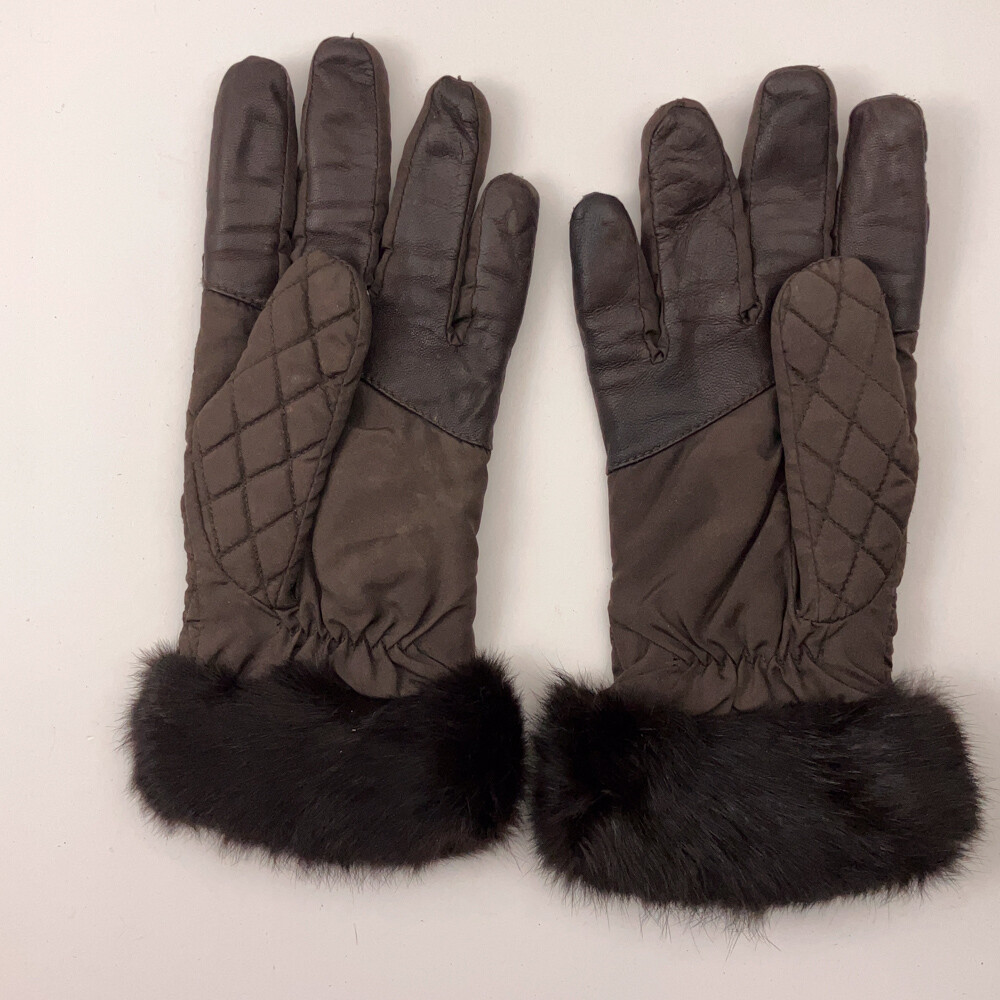 Dark Brown Quilted Pattern Polyester Winter Gloves With Fuzzy Cuff