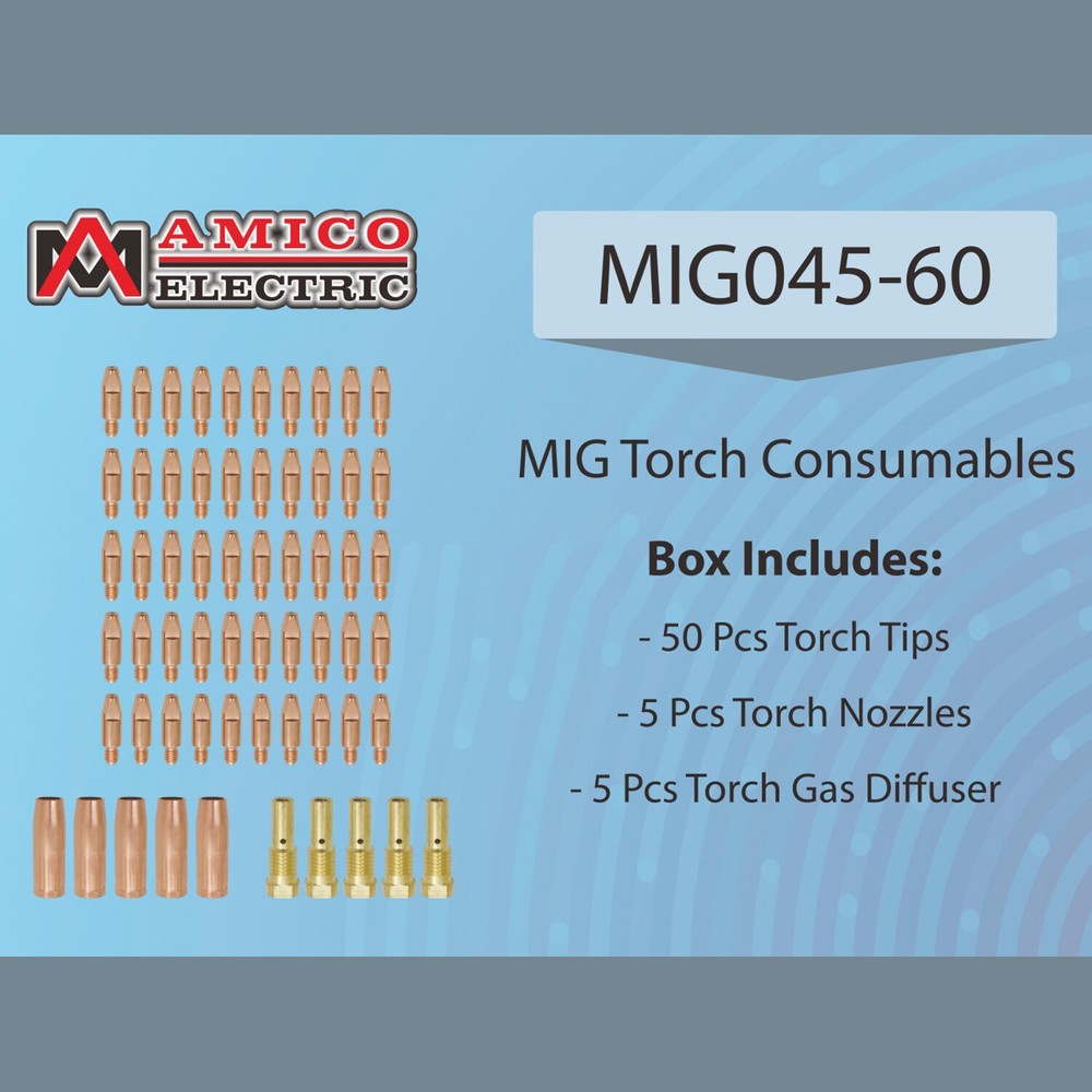 MIG045-60, 50-pcs .045” Tip, 5-pcs Nozzle, 5-pcs Diffuser, Amico MIG Welder