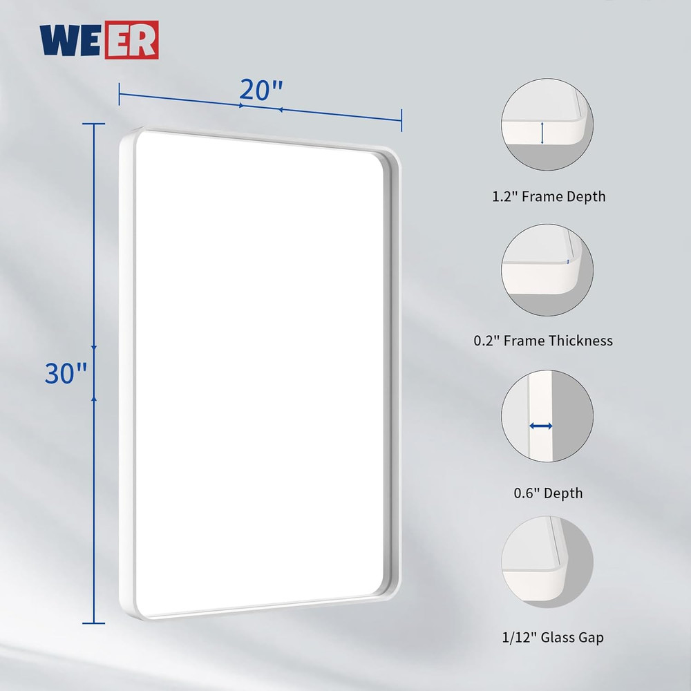 Matte White Rounded Rectangle Bathroom Mirror 20x30 Inch, Anti-Rust Design