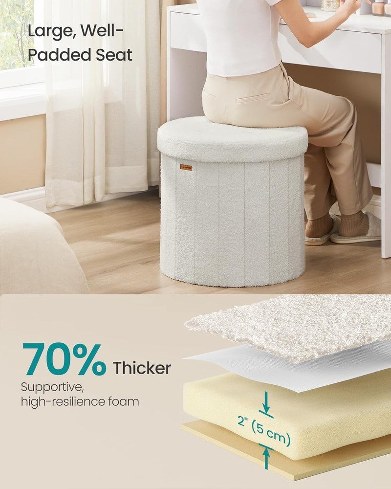 Round Storage Ottoman, Folding Footrest Stool with Removable Lid Cream White
