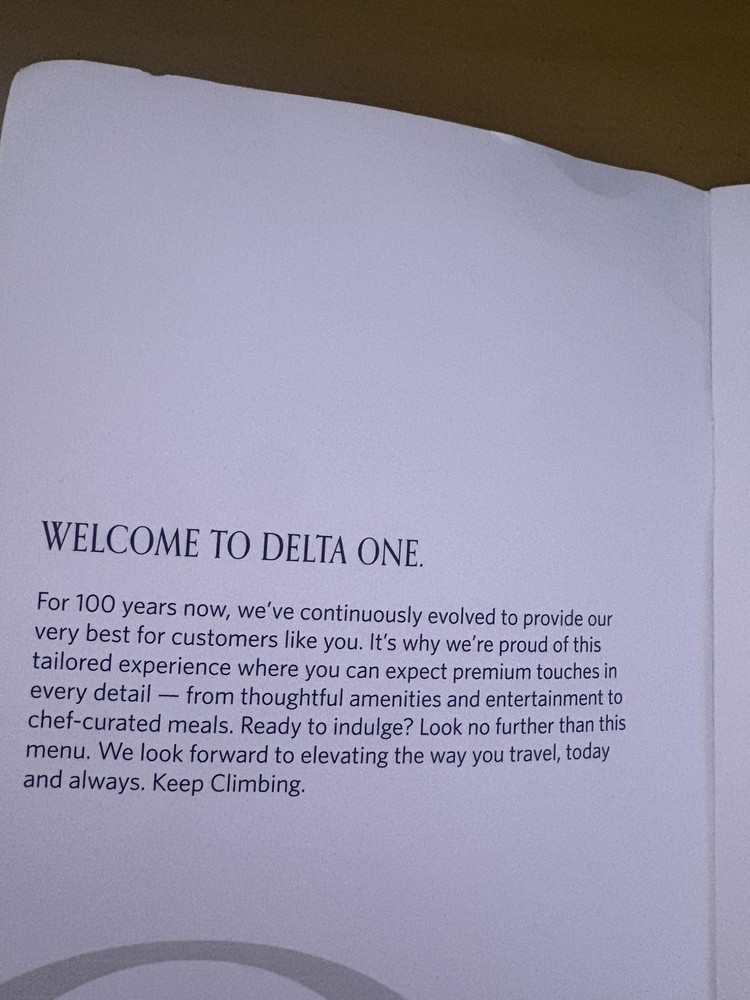 Delta One Menu from JFK to PRG June 2025
