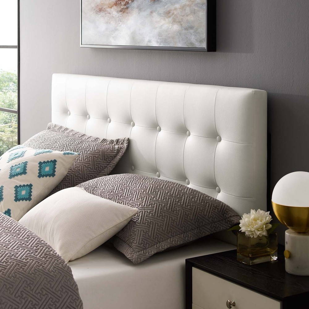 Modway Emily Tufted Button Vegan Leather Upholstered Queen Headboard in White