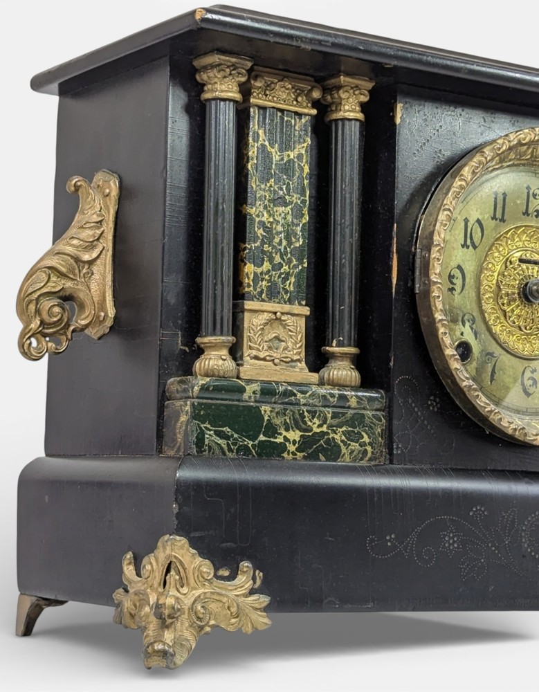 Antique 19thC Ingraham “Adrian” Victorian Ebonized Mantel Clock AS IS Marbleized