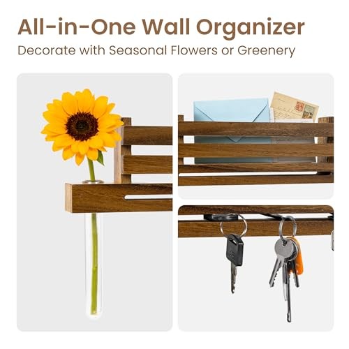 Solid Wall Mounted Key Holder with Acrylic Vase & Mail Organizer, Walnut